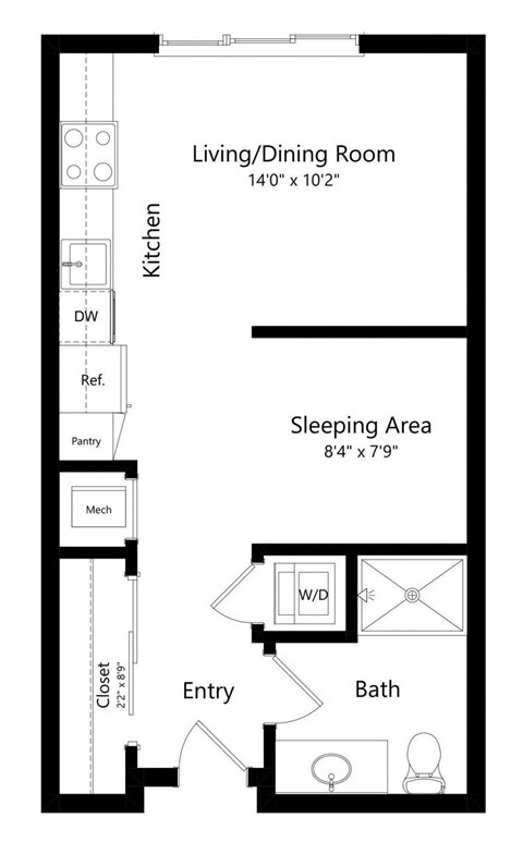Floor plan for studio, 1 bath, 457 sqft